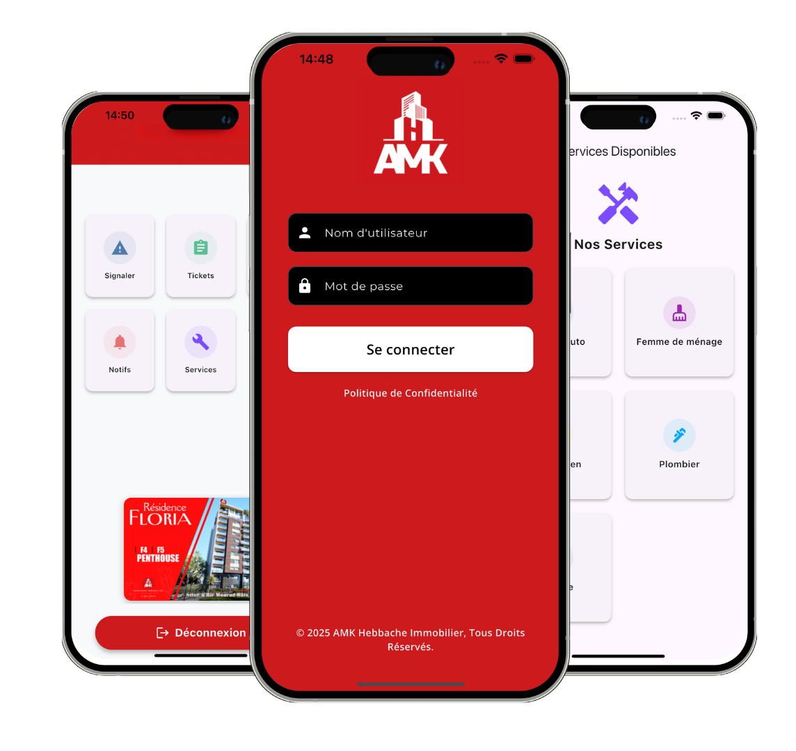 Interface application mobile AMK COPRO gestion syndic Alger
